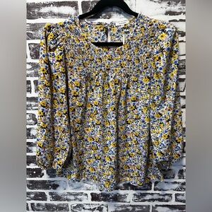 Pleione Feminine Coquette Prairie Style Multicolor Floral Smocked Blouse Size XL